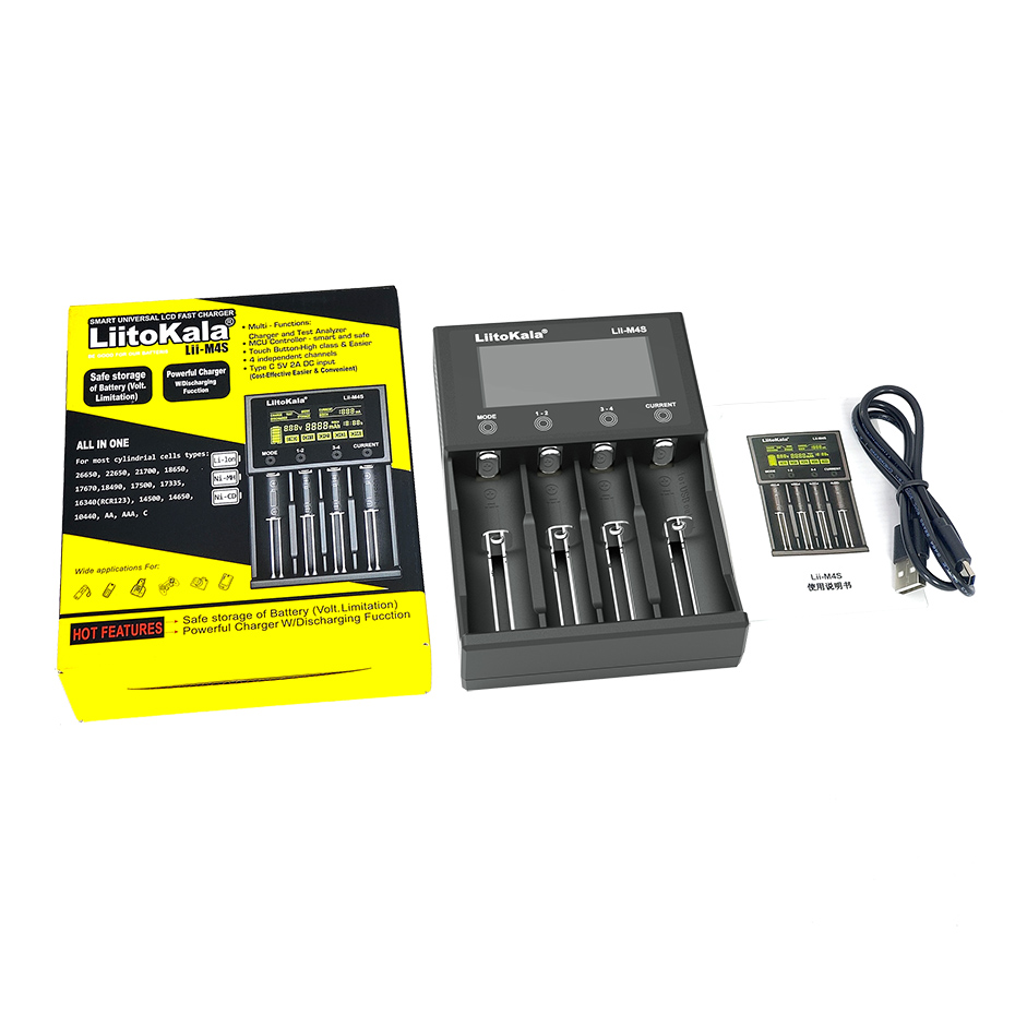 LiitoKala Lii-M4S LCD 18650 Charger 3.7V 18500 21700 26650 1.2V AA AAA NiMH Lithium-ion Battery Charger，USB Output，Touch Buttons. 