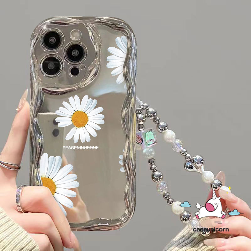 Art Retro Painting Cartoon Little Daisy Flowers Case Compatible for IPhone 15 13 14 11 12 Pro Max XR 7 6s 15 6 8 Plus X XS Max SE2020 Luxury Mirror 3D Wavy Curved Edge Plating Case. 