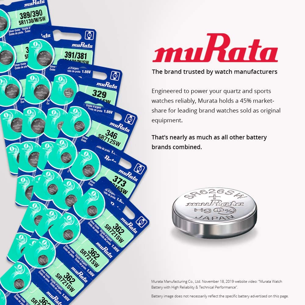 Ensure Precision Timekeeping with Murata 377 (Sr626Sw) 1.55V Silver Oxide Watch Battery: Mercury-Free Pack of 5 - Battery Power. 