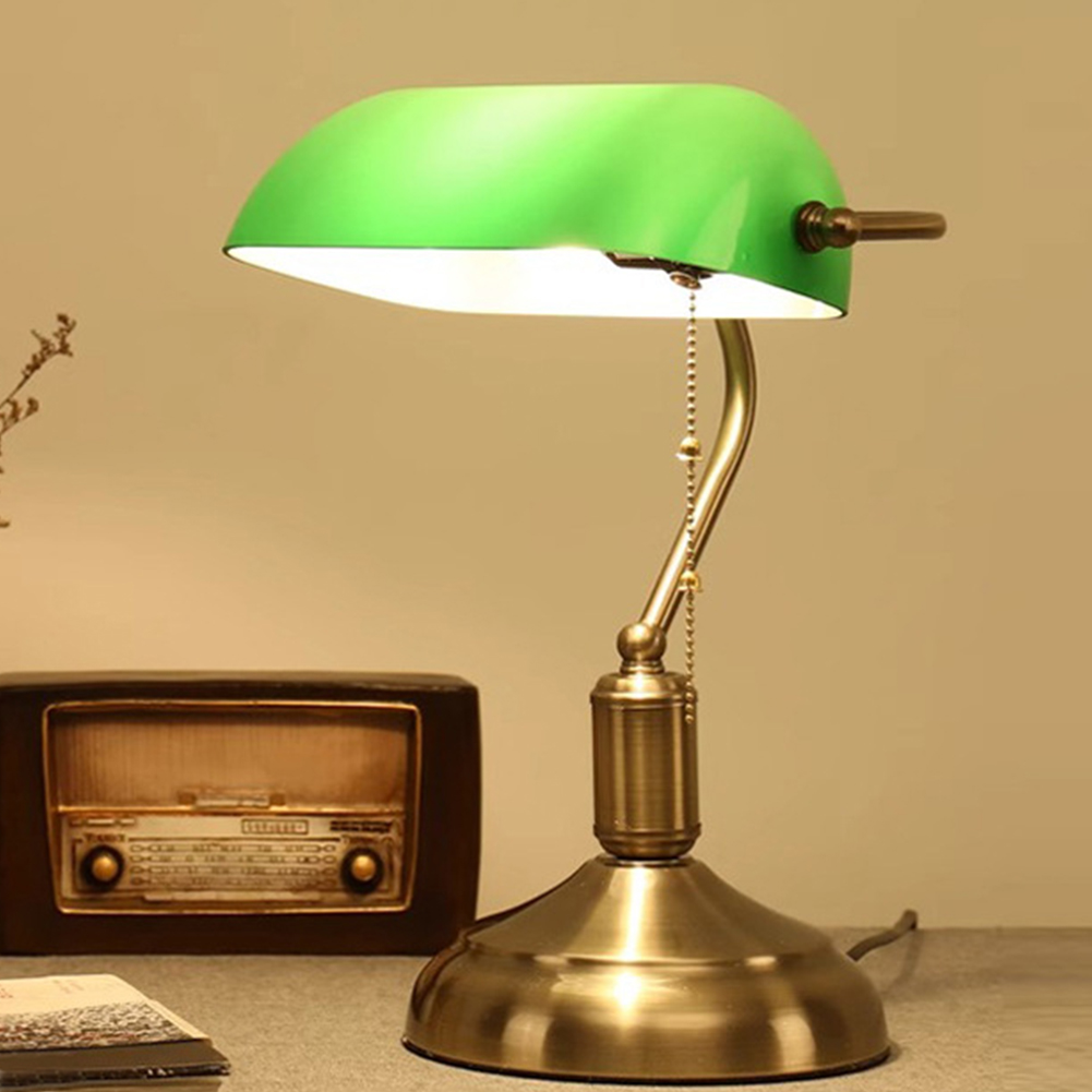 GC Vintage Desk Lamp Green Glass Antique Table Lights With Brass Base Wireless Rechargeable Pull Chain Traditional Library Lamp. 