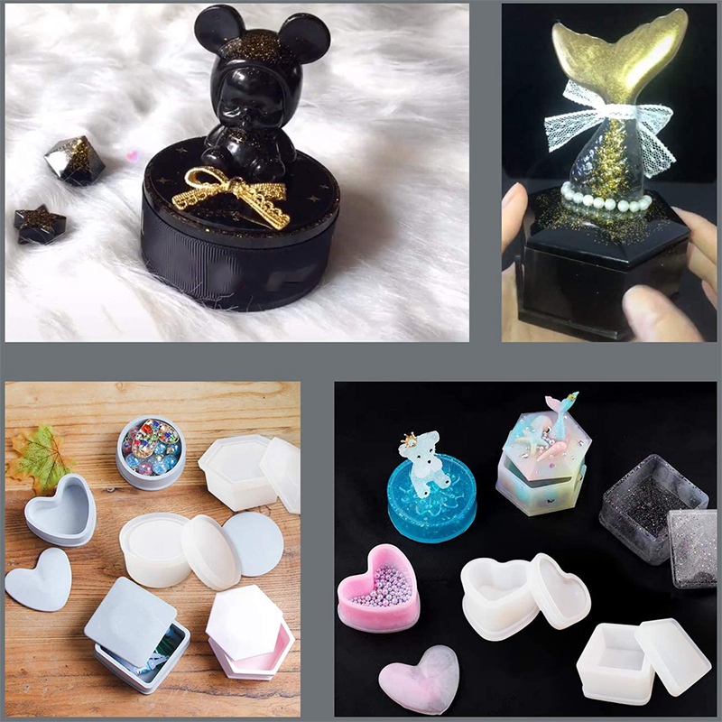 4 Pack Box Resin Jewelry Box Heart Shape /Hexagon/Round and Square Epoxy Containers with Lid. 