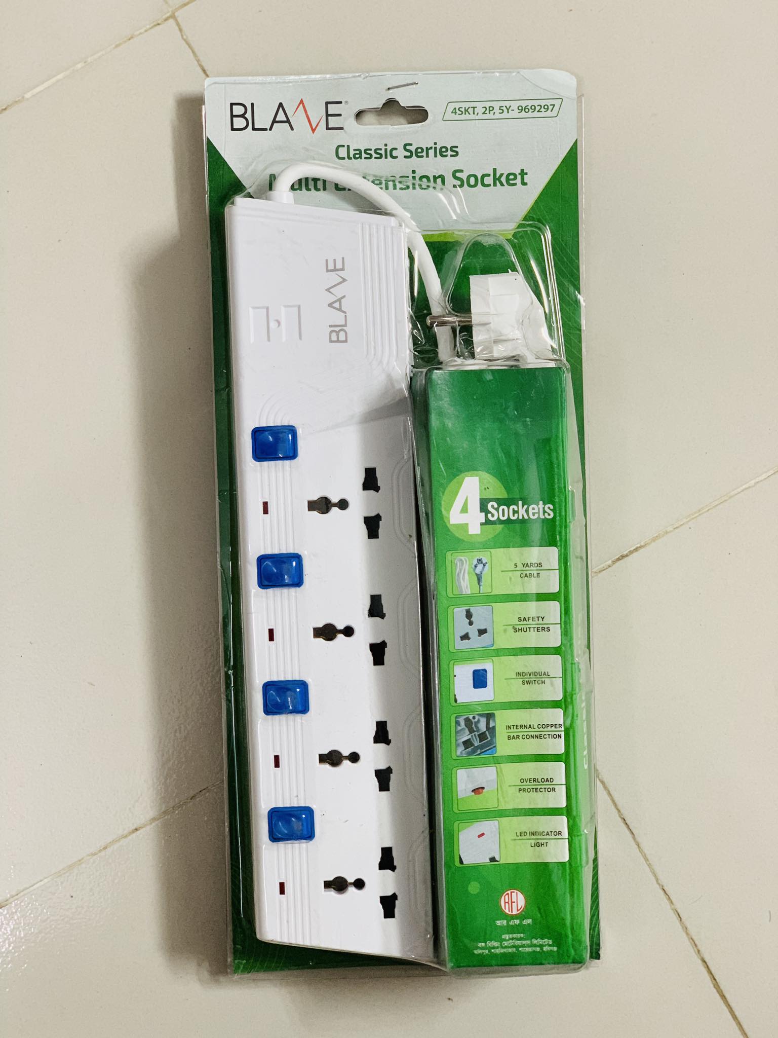 Click Safe Multi Plug 3 Pin multiplug Socket 4 Port, 5 Meter Cable, 2 pin Plug 4SKT 2P 5Y power extension cord. 