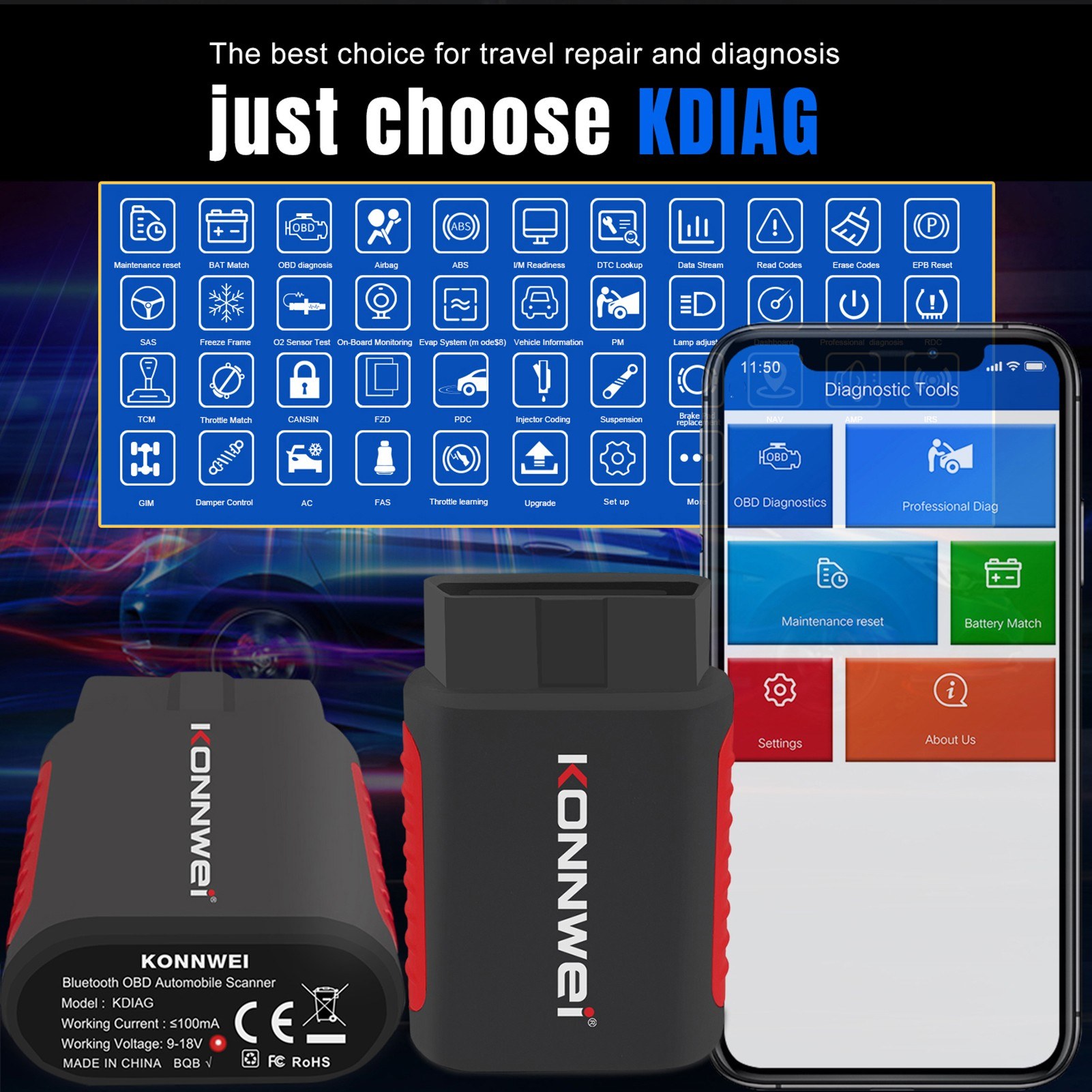 KONNWEI K DIAG OBDⅡ Scanner BT Full System ABS SRS Diagnostic Tool with Reset Retrieval for ECM BCM SRS TCM BMS SAS A/C System. 