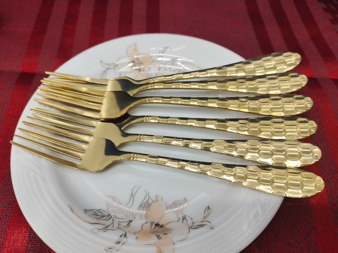 3 D Golden Fork Spoon Set 6 Pcs. Stainless Steel Tea Spoons With Gold Titanium Plating. - Chopsticks. 