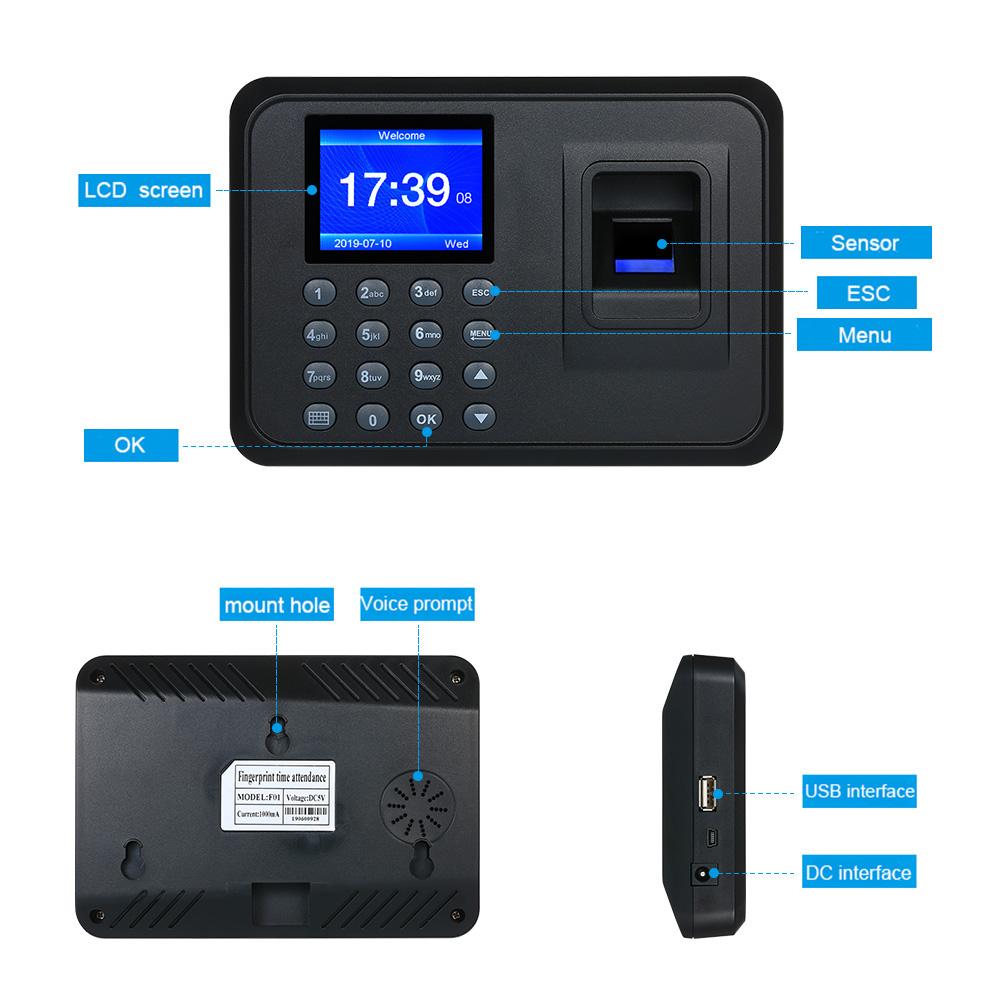 Migeet Biometric Fingerprint Attendance Machine Software-free 2.4" TFT LCD Display USB Employee Checking-in Reader Time Clock Recorder Spanish Version DC 5V/1A US Plug. 