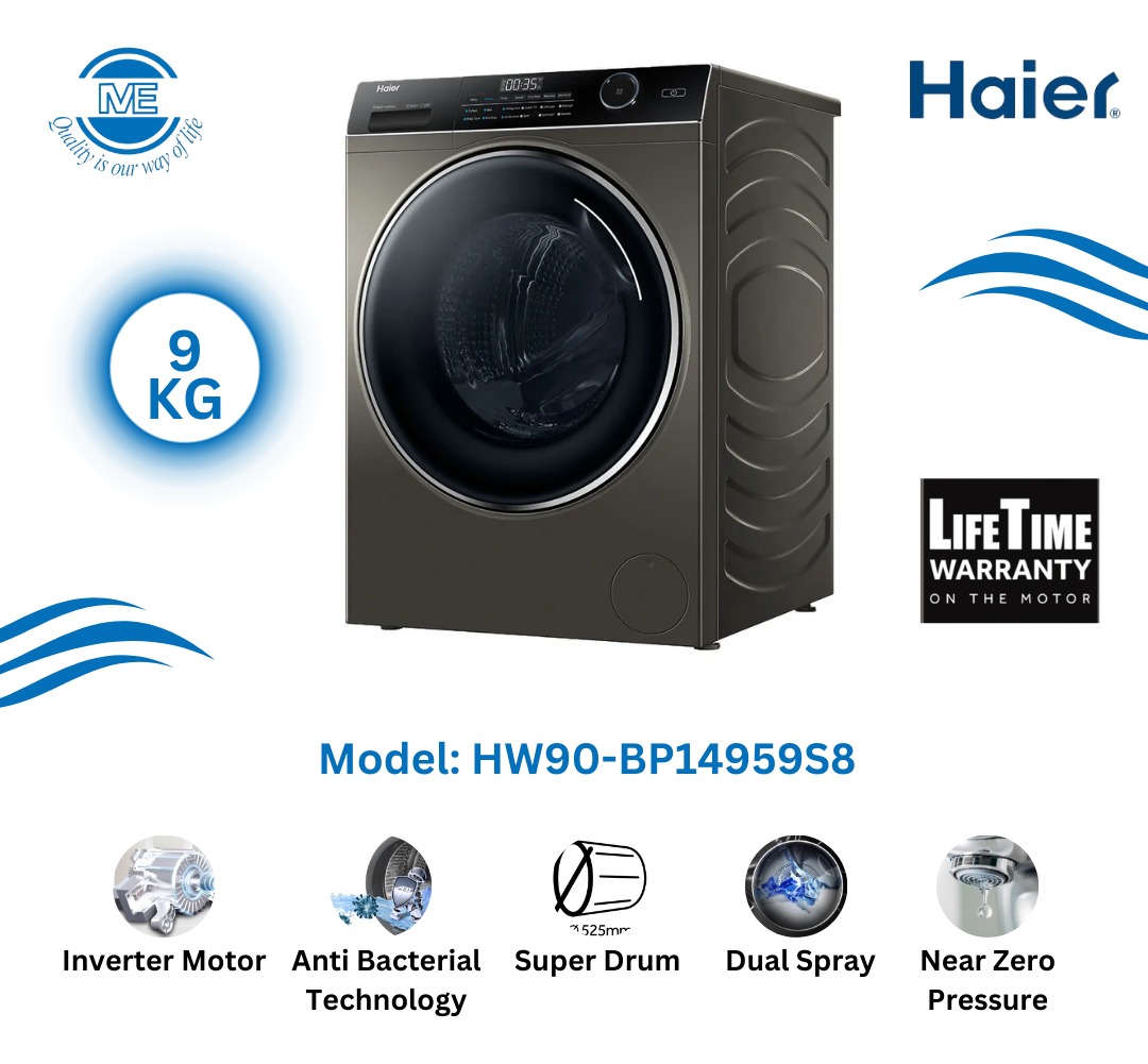 HAIER 9 KG Front Loading Anti-Bacterial Washing Machine With AI Dynamic Balance Technology, Free Delivery and Official Warranty | HW90-BP14959S8
