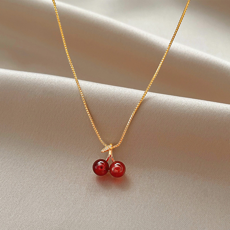 Stainless Steel Red Cherry Gold Colour Pendant Necklace For Women Personality Fashion Necklace Wedding Jewelry Birthday Gif