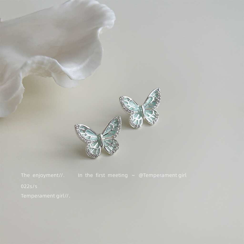 Micro-paved zircon mint Mambo green dripping oil silver needle butterfly earrings for women fresh, sweet and simple summer new earrings