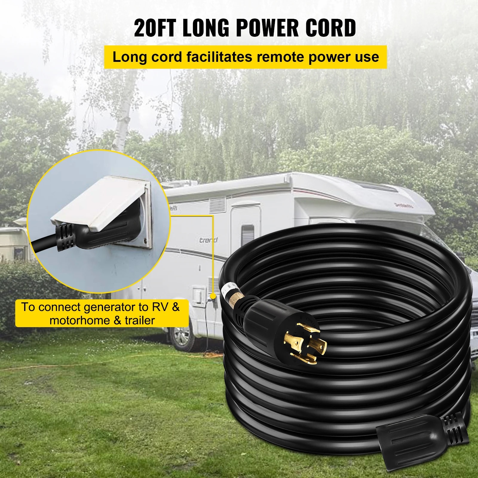 VEVOR Heavy Duty Generator Extension Cord 20FT 40FT 50FT 30Amp Weatherproof Emergency Twist Lock SJTW Power Cable for Outdoor|n. 