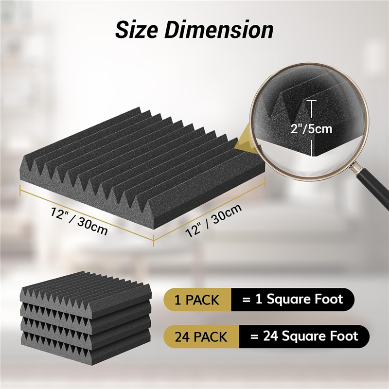 24Pack 2X12X12Inch Self-Adhesive Acoustic Foam Panels, Pyramid Designed Sound Pannels for Home and Studio Easy to Use. 