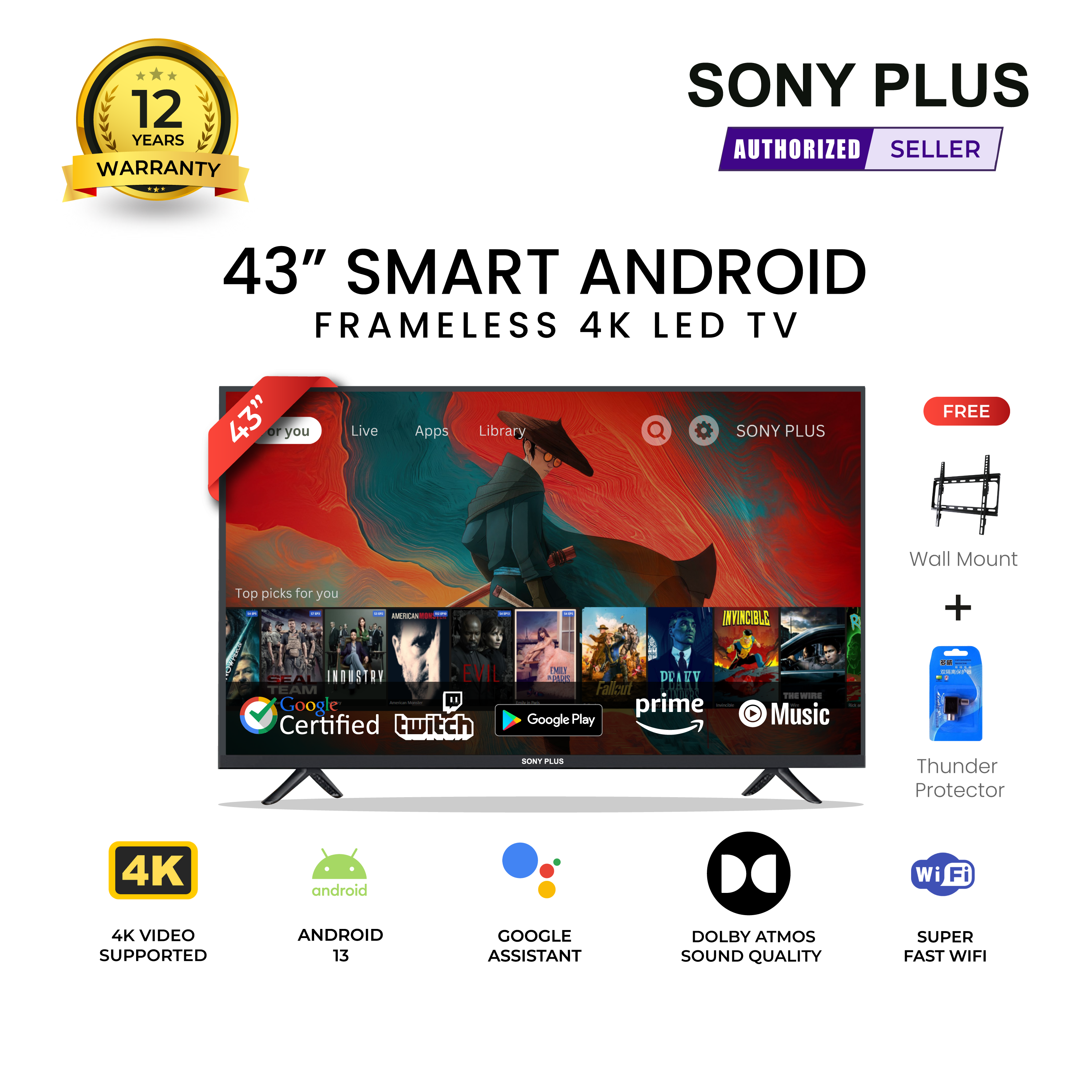 Sony Plus 43 inch Frameless Smart LED TV Wi-Fi Full HD 4K Supported Android Television