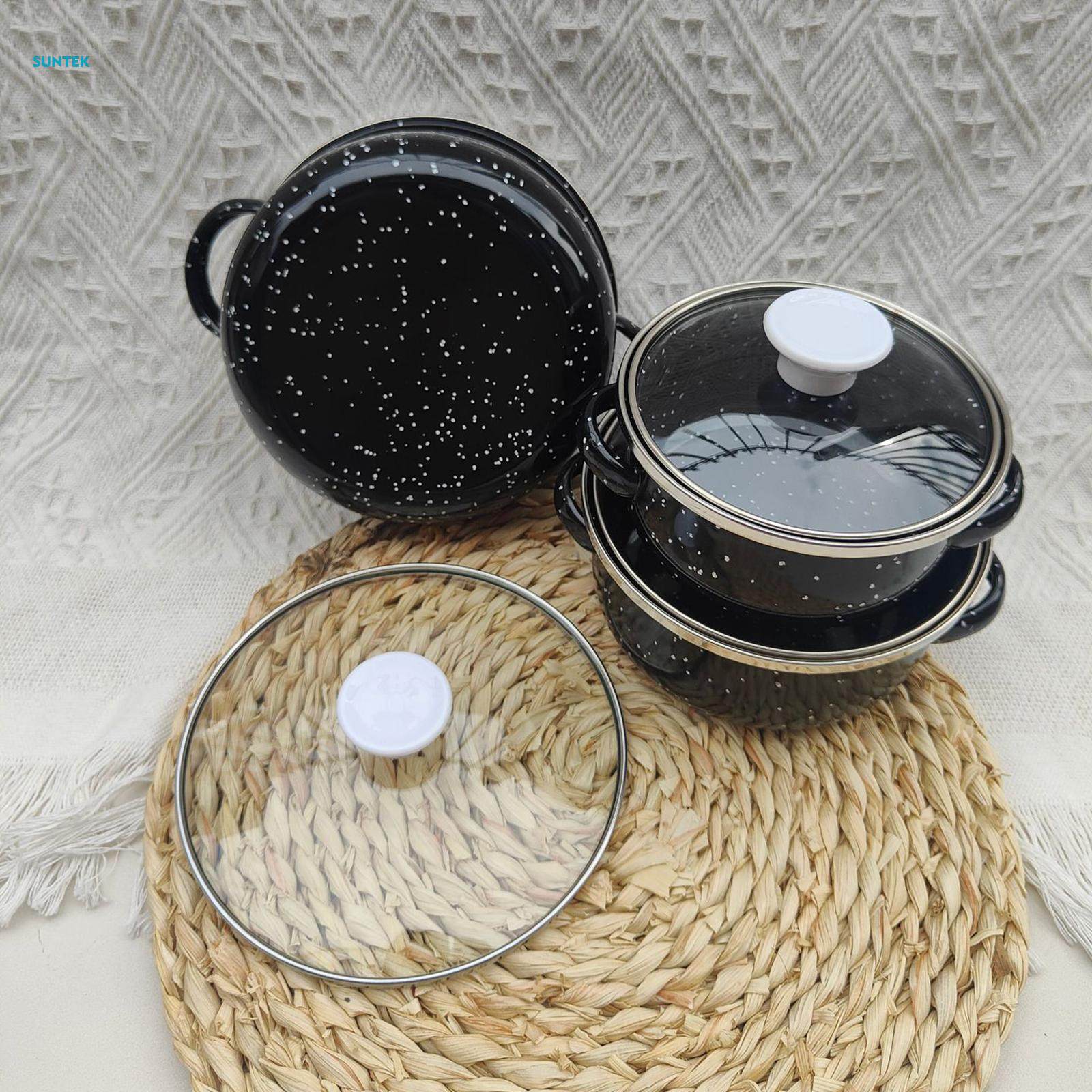 3Pcs Enamel Pot Set Enamel Cookware Set Multifuctional Accessories Double Handle Pot. 