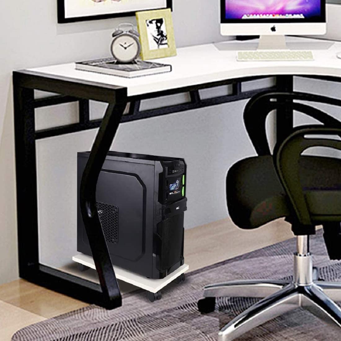 Heavy Duty Wooden CPU Trolley Computer Desktop Tower Stand with Locking Wheels,Multicolo. 
