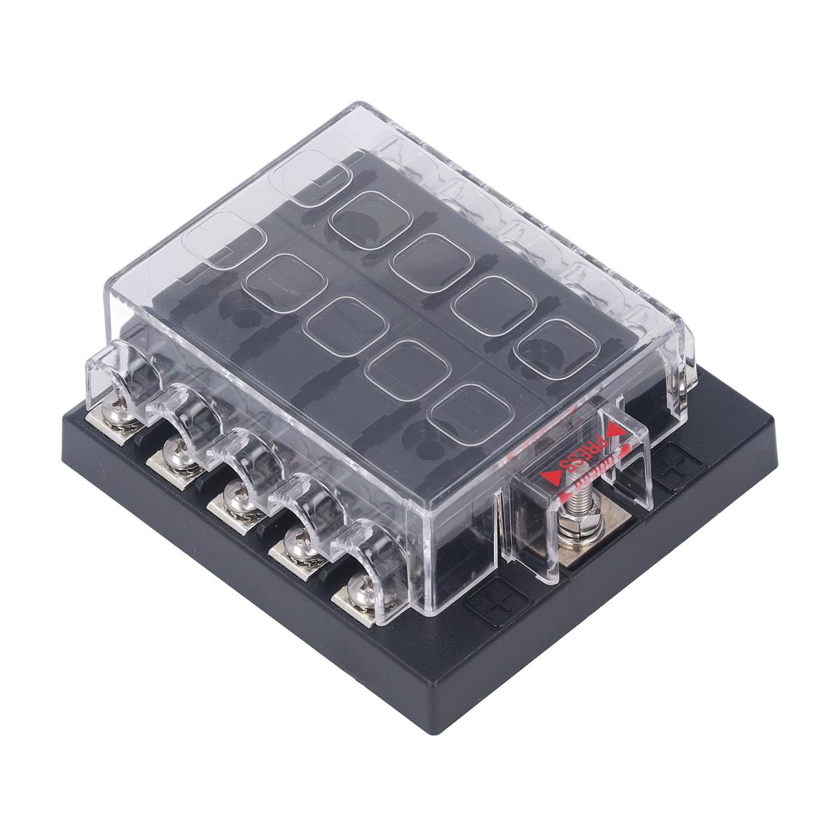 Automotive Fuse Box, 12-36VDC Flame Retardant ABS 10 Way Fuse Block with Sticker Labels for Medium Insert Fuses