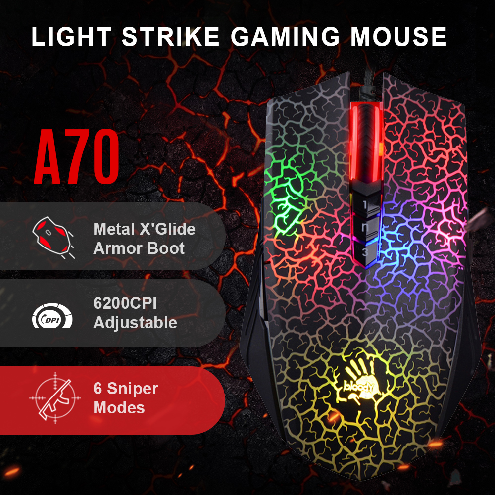 A4TECH Bloody A70 Light Strike Gaming Mousee - Neon Backlit - 6200 CPI - Built-In 160K Memory - Ambidextrous Fit (Pre Activated Ultra Core 3 & 4). 