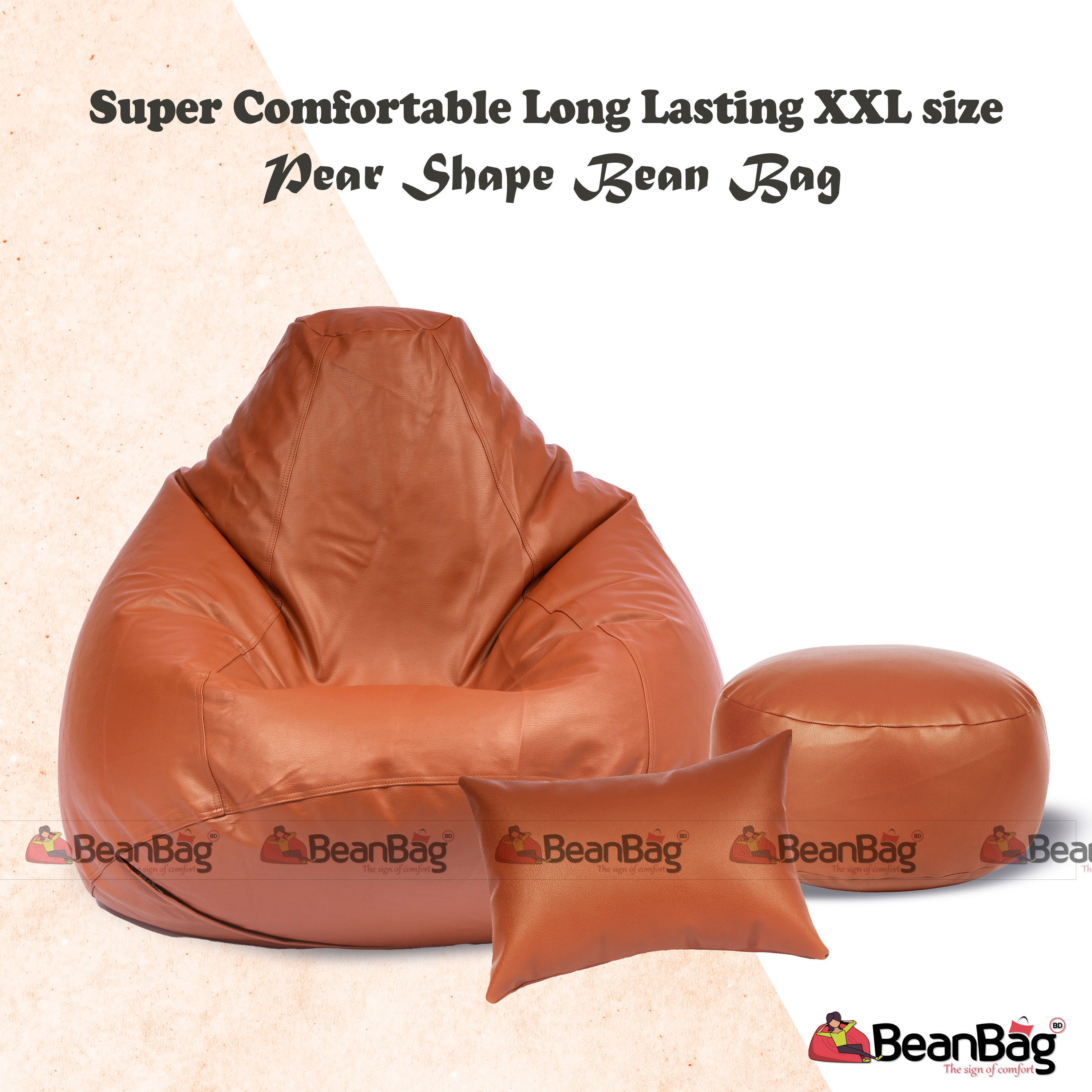 Bean Bag BD-XXL Jumbo Size Pear Shape Bean Bag Full Set_ Bean Bag, Footrest & Pillow_Brown Colour_Premium Quality