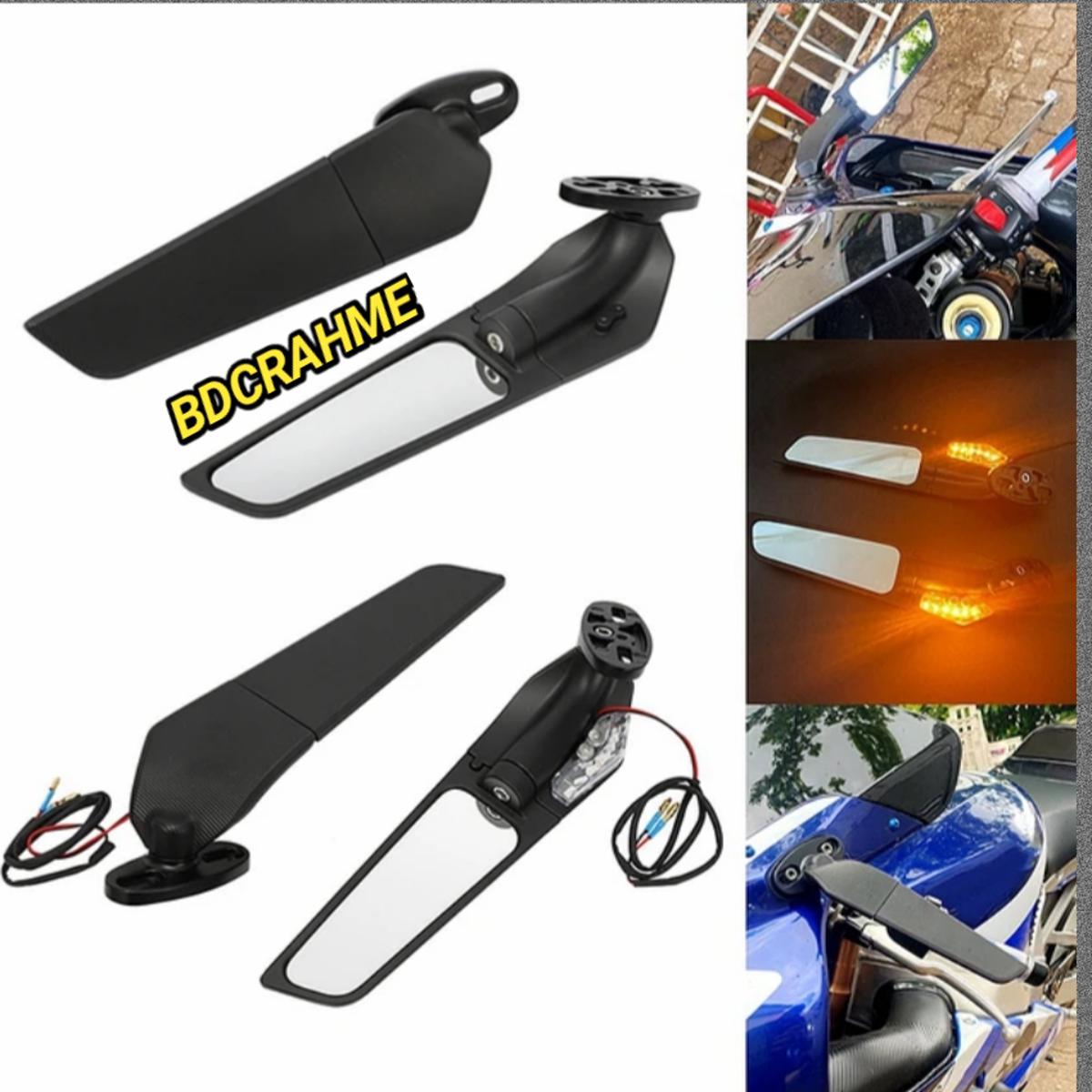 2 PIS Motorcycle Adjustable Big Size Rotating Mirror Wind Wing Metal Body With 12V DC Led Light For Gixxer GSPoly ZX10R Yamaha YZF R6 R1 Honda CBR 250R 650R CBR125. 