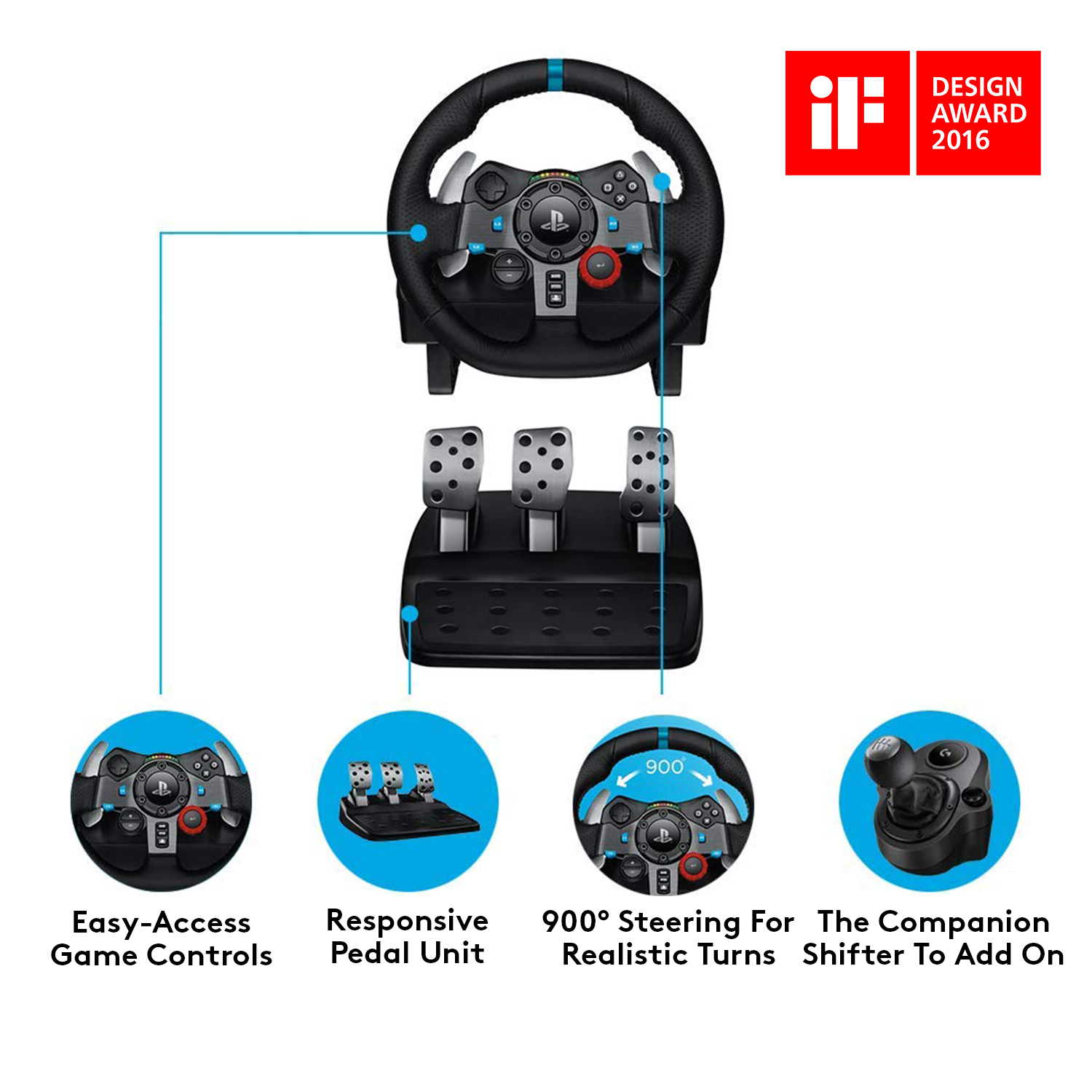 Logitech G29 Driving Force Racing Wheel and Floor Pedals, Real Force Feedback, Stainless Steel Paddle Shifters, Leather Steering Wheel Cover for PS5, PS4, PC, Mac. 