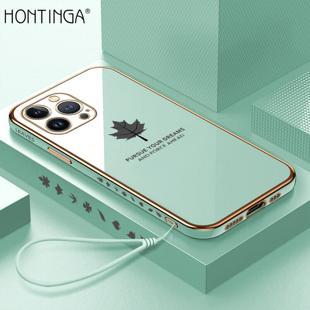 Hontinga for iPhone 15 Pro Max Plus Back Cover With Free Strap Luxury 6D Plating Maple Leaf Side Pattern Case Soft Silicone Square Mobile Cover