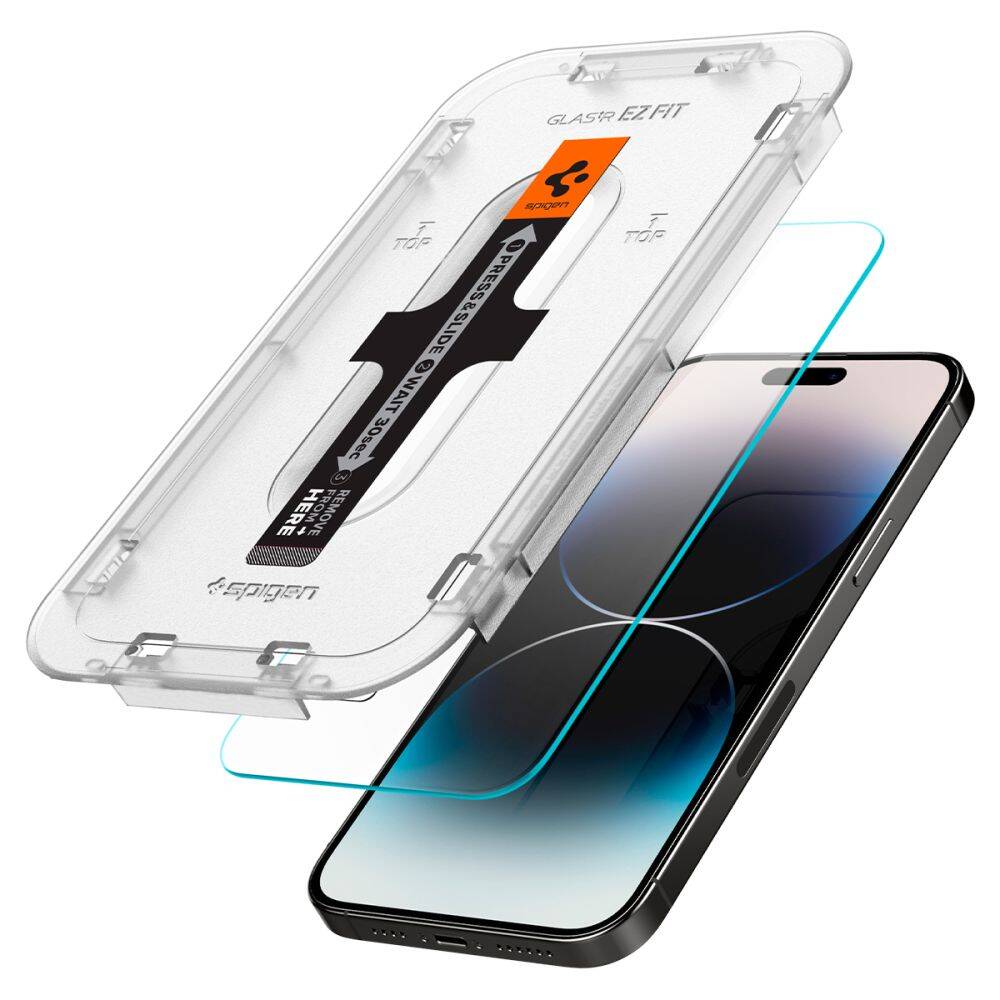 Spigen Tempered Glass Screen Protector [GlasTR EZ FIT] designed Easy Stick Box Full Screen HD Tempered Glass Screen Protector For iPhone 15 Pro Max/ 15 Pro / 15 / 14 Pro Max / 14 Pro /1 4 Plus /14/13 Pro Max/13 Pro/13. 