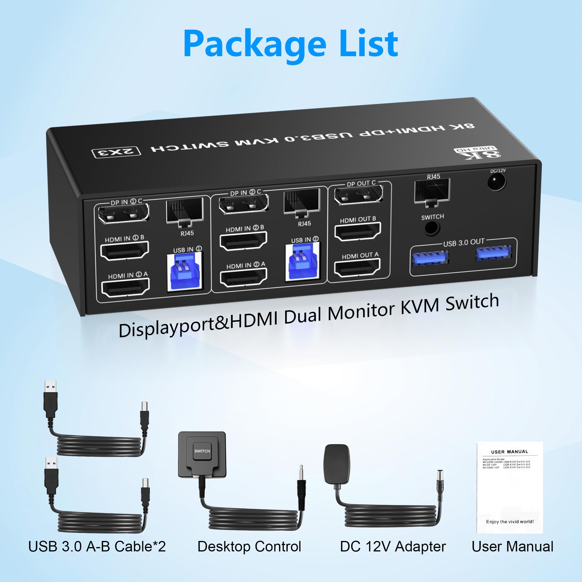 2 HDMI + DisplayPort USB3.0 KVM Switch 8K@60Hz 4K@144Hz Triple Monitor for 2 Computer Share 1000Mbps Ethernet, 3 USB 3.0 Ports. 