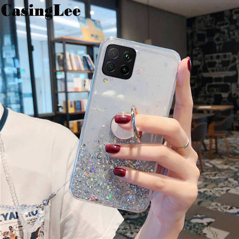 Casinglee for Samsung Galaxy M33 5G case Shiny Ring Glitter Soft Transparent Holder Stand Back cover with String for Samsung M33 5G Phone cases cover Stars Moon Girls. 