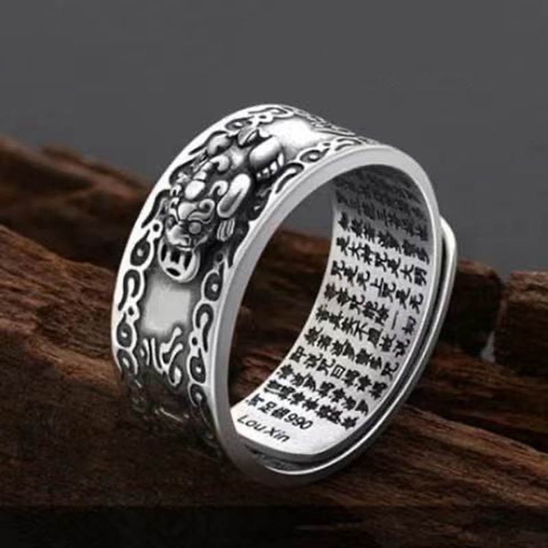 （New）Lucky Feng hui Pixiu Wealth & Protection Ring Buddhit cripture Carving Bleing Ancient Chinee Beat Alloy Open Ring. 
