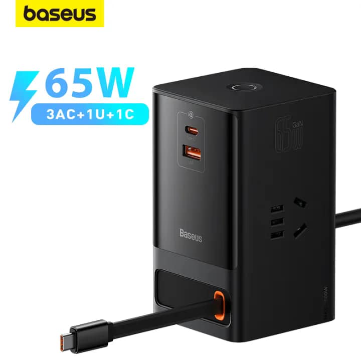 Baseus GaN Charger Gan5 Pro Power Combo Digital Power Strip 3AC 1U 1C Retractable-C 65W with 1.5m power cord CN Black. 