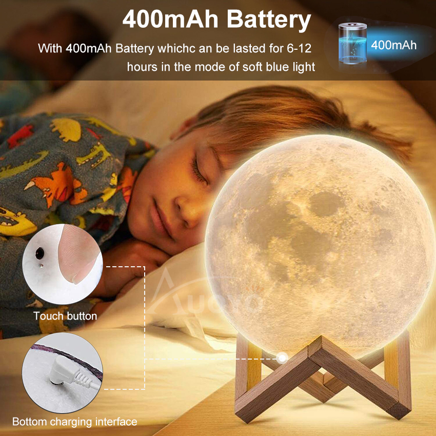 Auoyo Moon Lamp Light Rechargeable 3D Printing 8/15cm Moon Night Light with Stand Touch Switch 7 Multicolor Moon Table Lamp. 
