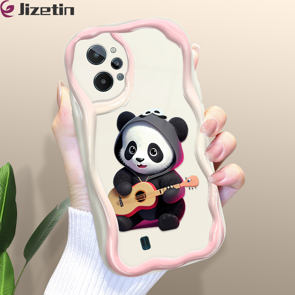 Jizetin for Realme C31 Back Cover Cartoon Happy Panda Cream Texture Wavy Edge Soft Silicone Phone Case