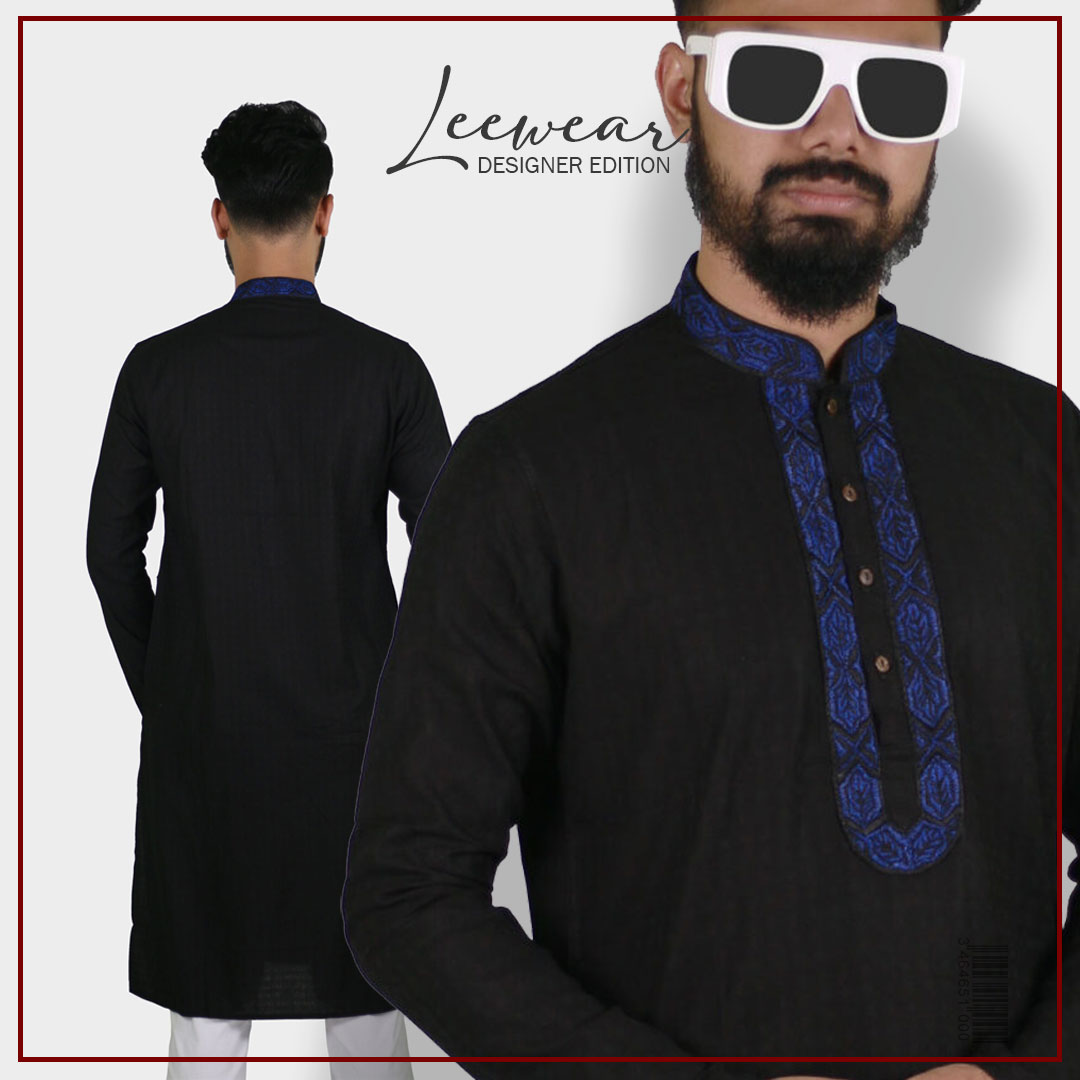 LeeWear men's embroidered design Punjabi kurta Imported Machine weave cotton fabrics Mandarin Collar Straight shape with regular style Short button placket Two side pockets Long regular sleeves PN21118