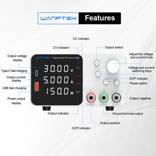 WANPTEK TPS305 Adjustable Regulated DC Power Supply, 30V 5A, Encoder Adjustment, USB Type-C Fast Charge, 4-Digit Display, Low Noise, A/V Switching, Cooling Fan White - UK Plug. 