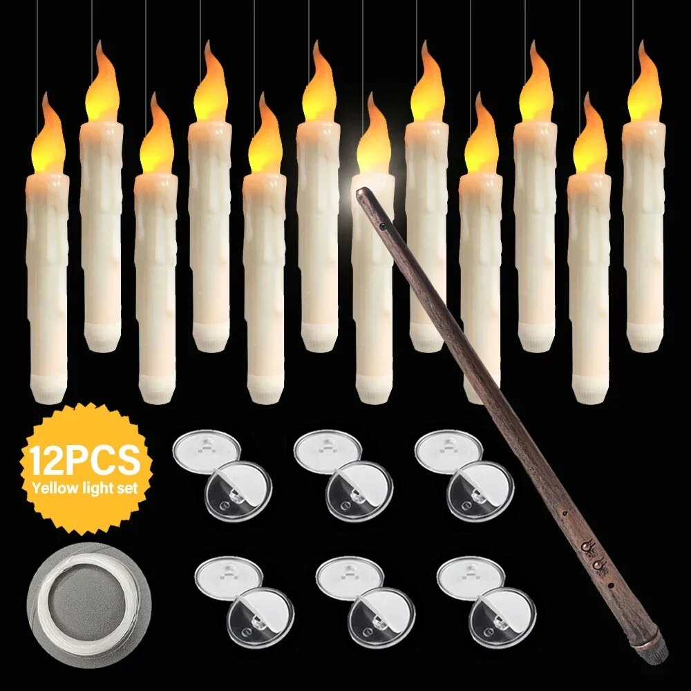 LED Floating Candles with Magic Wand Flameless Taper Candles Battery Operated Remote Timer Electric Hanging Window Candles Decor. 