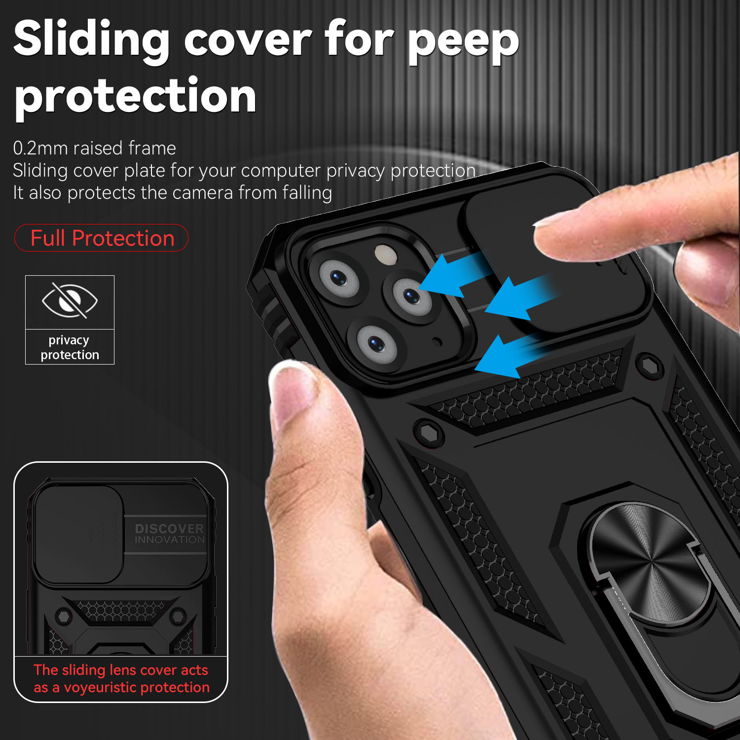 For iPhone 11 Pro Case with Slide Camera Cover, 360° Ring Holder Metal Kickstand, work for Phone Holder Car Mount, Drop Peep Protection. 