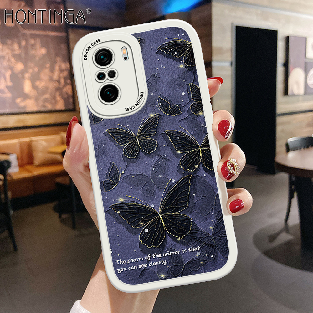 Hontinga for Redmi K40 / K40 Pro / Xiaomi Poco F3 / Mi 11X Back Cover PU Leather Black Butterfly Case Soft Silicone Edge Phone Cases