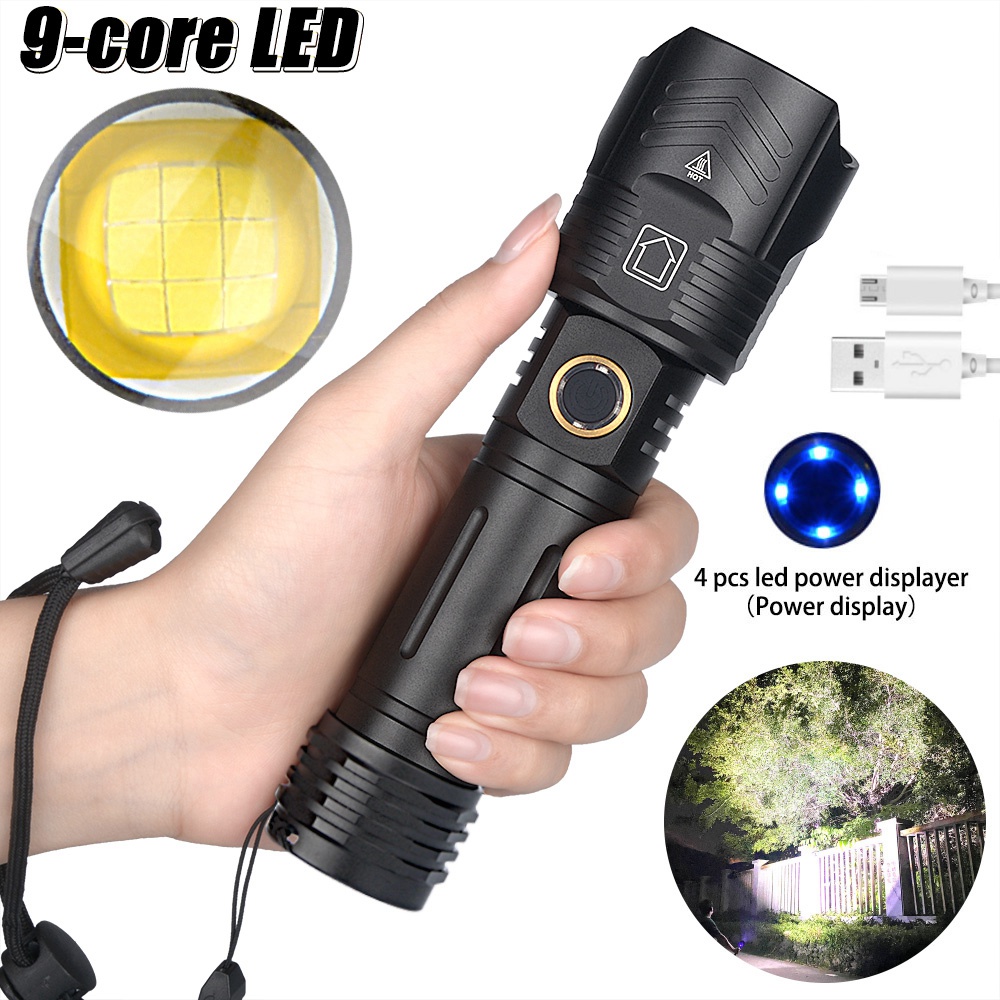 XHP90 9-Core LED Flashlight USB Flash Lamp 18650 26650 Handheld Light. 