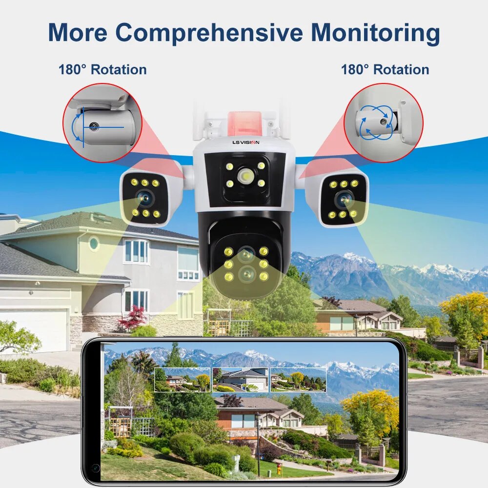 LS VISION 8K 10X Zoom WiFi IP Camera Outdoor Three screen 360° View PTZ Cam AI Tracking CCTV Video Surveillance Security Cameras. 