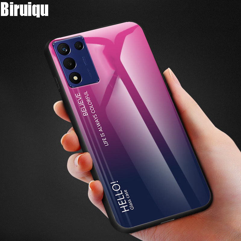 Biruiqu For Realme 9 5G Speed Edition Shockproof Gradient Tempered Glass Back Soft Silicone Edge Case Cover. 