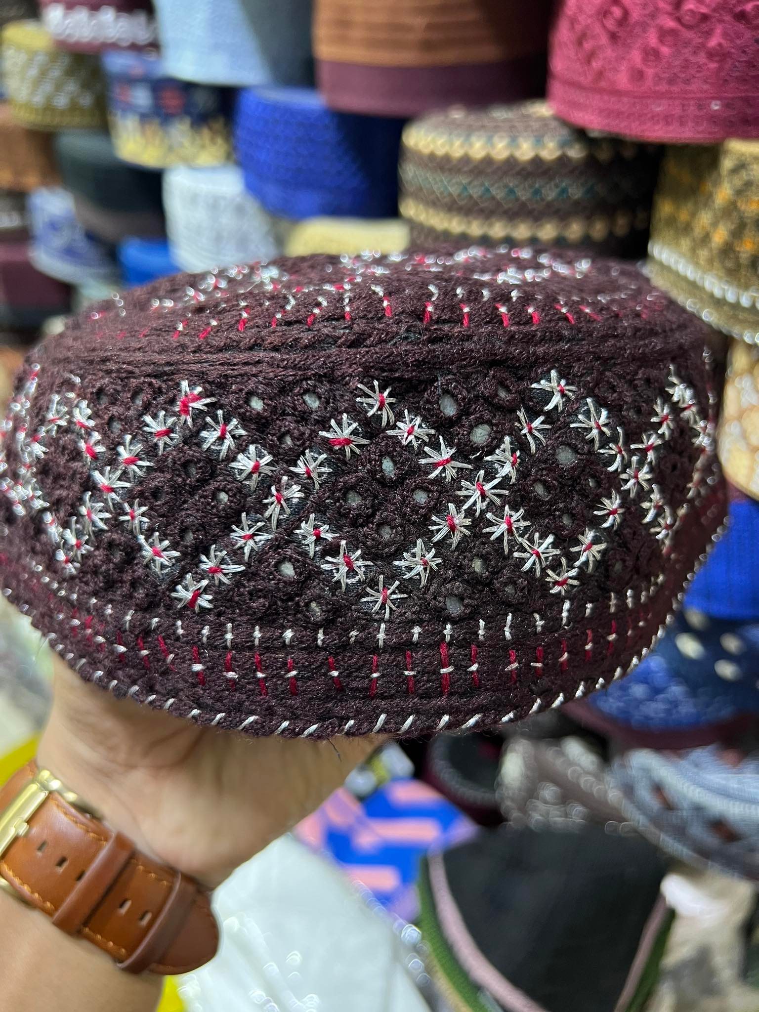 Beautiful Design & Coffee Color Pakistani Hand Made Glass Stone Setting Tupi for Men (Size 55,56). 