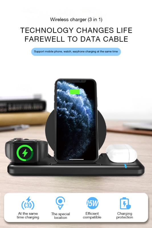 3 in 1 Wireless Charger Station Suitable for Iphone Apple Watch AirPods Wireless Charging Stand Base with QC3.0 Adapter. 