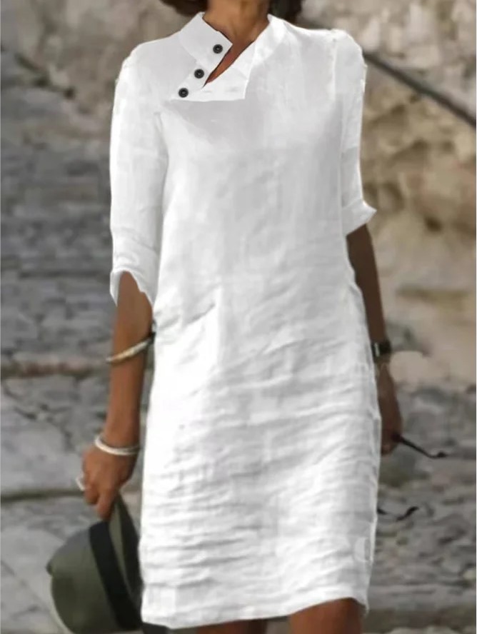 2023 Amazon Independent Station Spring and Summer New Casual Stand-Up Collar Button Cotton and Linen Solid Color Mid-Sleeve Dress