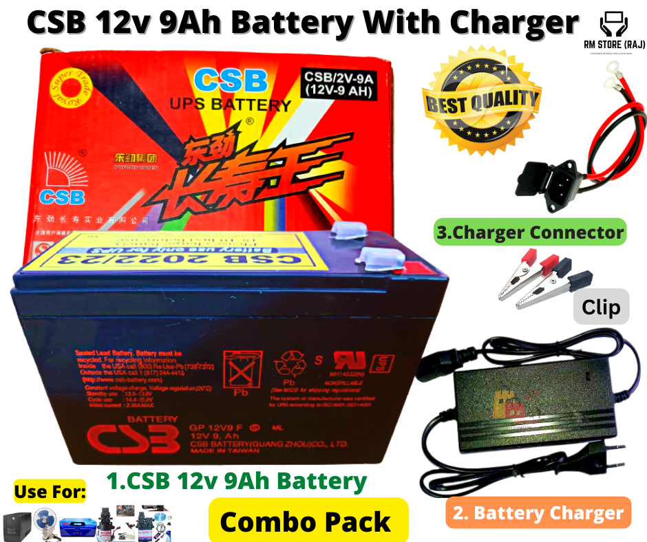 12 Volt 9AH battery With Charger -COMBO / CSB 12 Volt 9AH Lead Acid ...