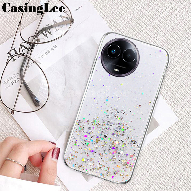 For Realme 11X Case Full Stars Moon Glitter Bling Sequins Cases Soft Starry Sky Transparent Cover For Realme 11X Back Cover Phone Cases