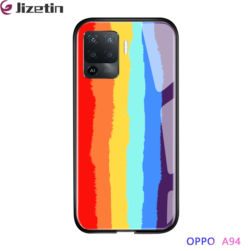 Jizetin for OPPO F19 Pro / A94 Glass Back Cover Luxury Rainbow For Girls Boys Glossy Tempered Glass Shockproof Soft Edge Phone Cases