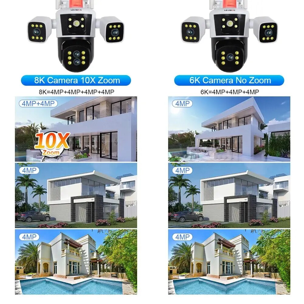 LS VISION 8K 10X Zoom WiFi IP Camera Outdoor Three screen 360° View PTZ Cam AI Tracking CCTV Video Surveillance Security Cameras. 