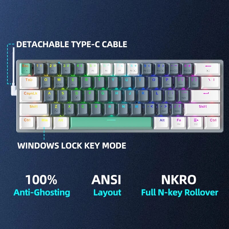 MACHENIKE K500-B61W Wireless Mechanical Keyboard 60% ANSI Layout Hot-swappable Tri-mode RGB Wireless Gaming Keyboard For Gamer. 