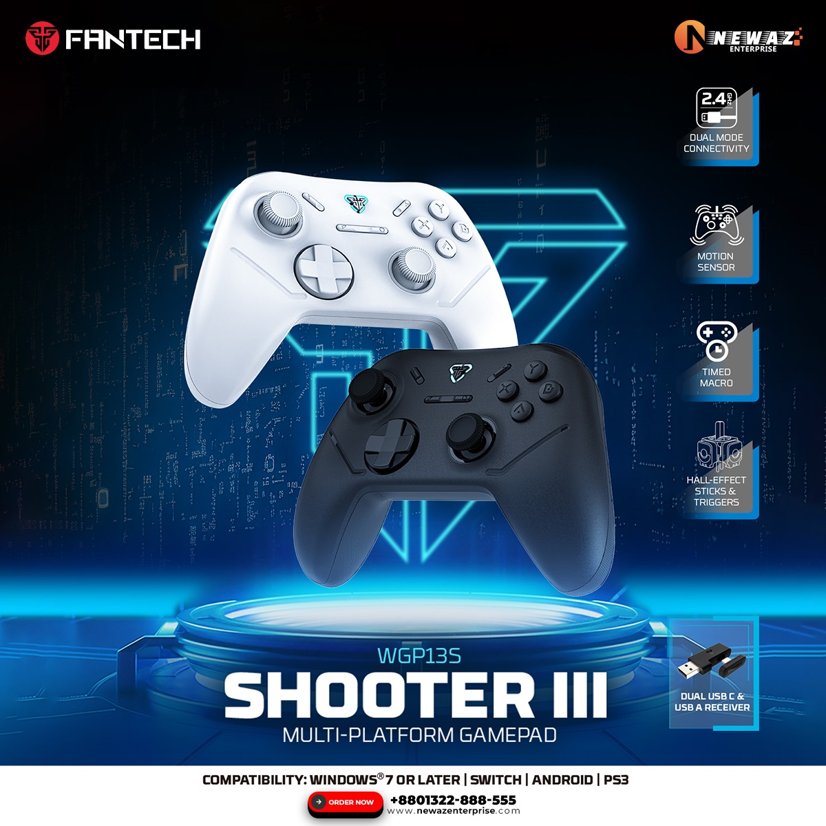 FANTECH WGP13S Shooter-III Multi-Platform Gamepad Wired & 2.4 Ghz Wireless Controller Gamepad Console Joystick Duel Mode USB Type C. 