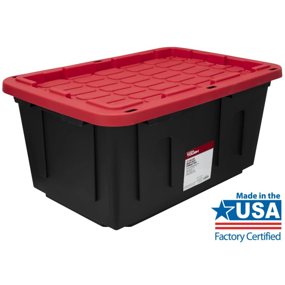 Hyper Tough 27 Gallon Stackable Snap Lid Plastic Storage Bin Container, Black with Red Lid, Set of 4. 