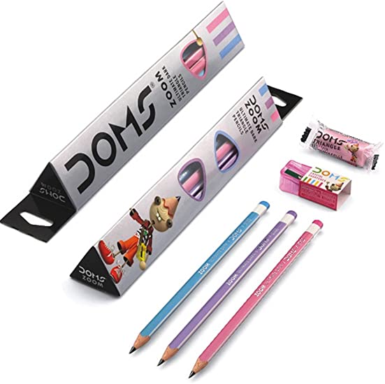 Doms Zoom Ultimate Dark Triangle Pencils - 10pcs with Free 1 Eraser and 1 Sharpener. 