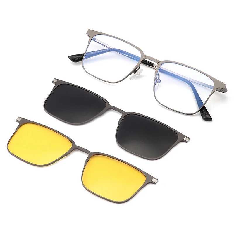 Multi-Use 3 In 1 Glasses Set Metal Blue Light Blocking Glasses with 2Pcs Magnetic Clips On Polarized/Night Vision Sunglasses New